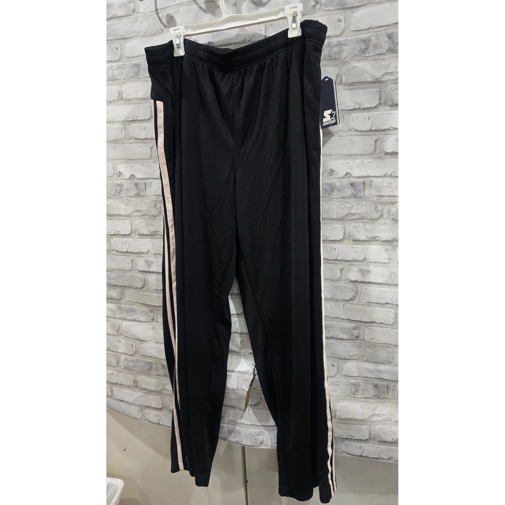 Vintage New Starter Track Pants XL Jet Black‎ White Stripe Logo 90s Y2K NOS